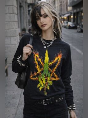 UNIF BURNING LEAVES FIRE PENTAGRAM INTENTIONALLY FADED DISTRESSED SWEATSHIRT